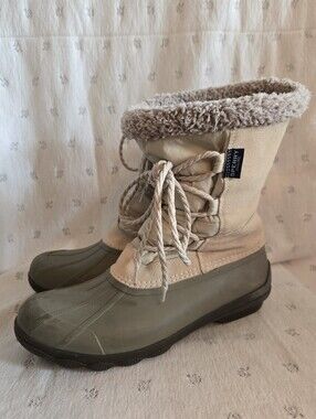 Sperry Grey Winter Duck Boots with Faux Fur Collar and Lining Size 8.5